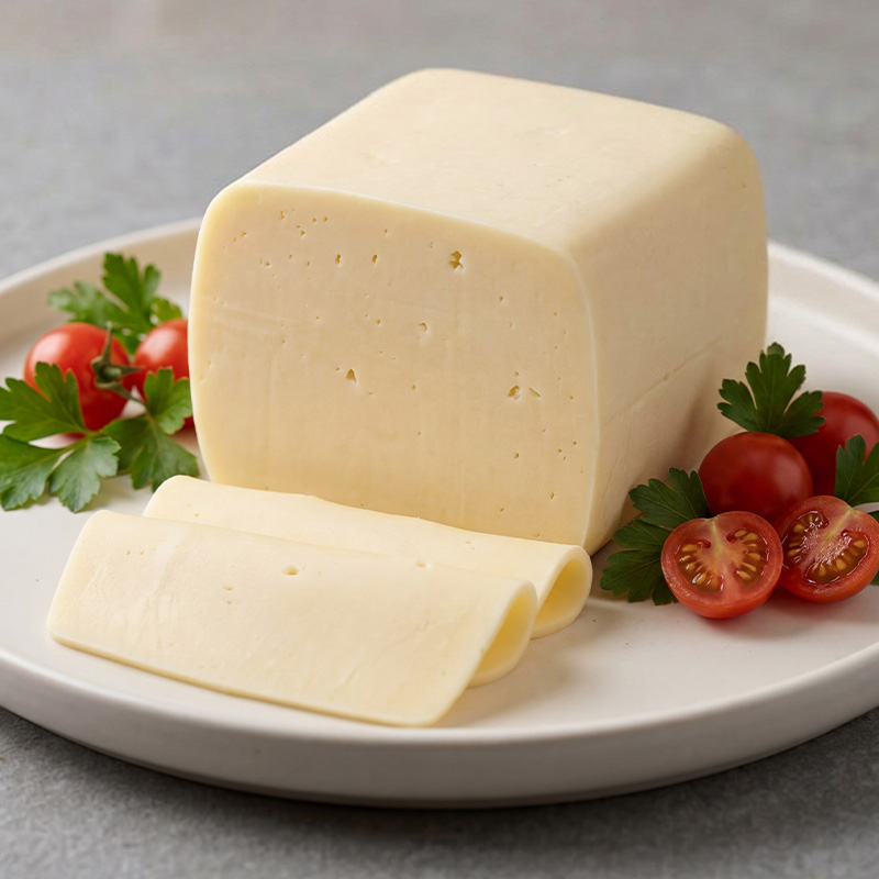 Forma di Edamer L'Interform con due fette su piatto bianco, accompagnata da pomodorini e prezzemolo.