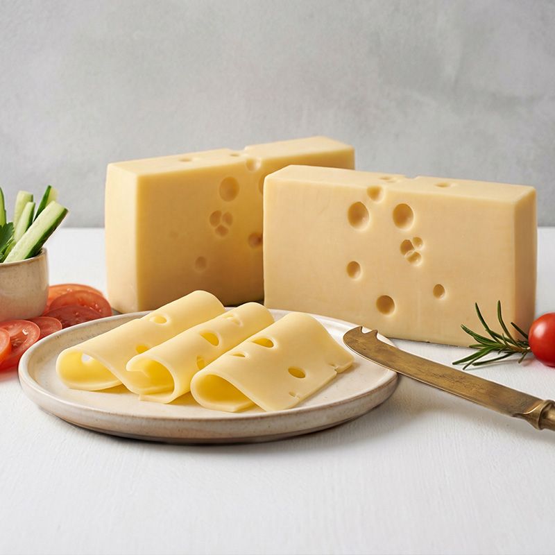 Forme di Emmental L'Interform con fette arrotolate su piatto, pomodori e verdure di contorno.
